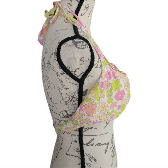 Ladies Size XL Pink Green Yellow Groovy Flowers Bikini Top - Picture 2 of 5